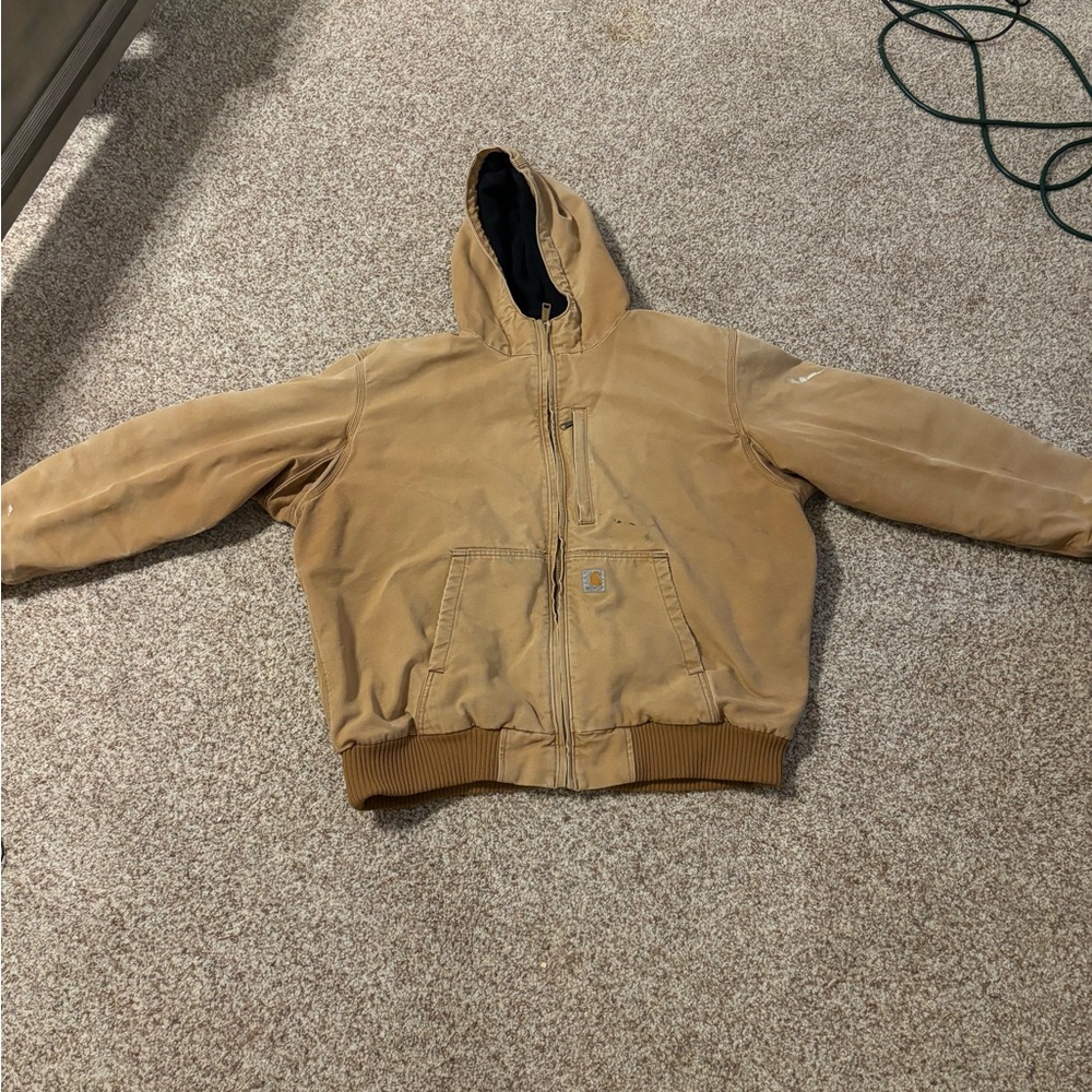 Carhartt Tan Hooded Work Jacket Durable Canvas